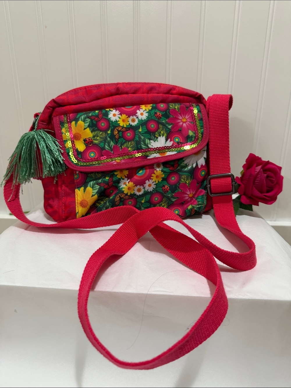 #974 Hot Pink Floral Crossbody Bag w Green & Pink Tassels NWOT